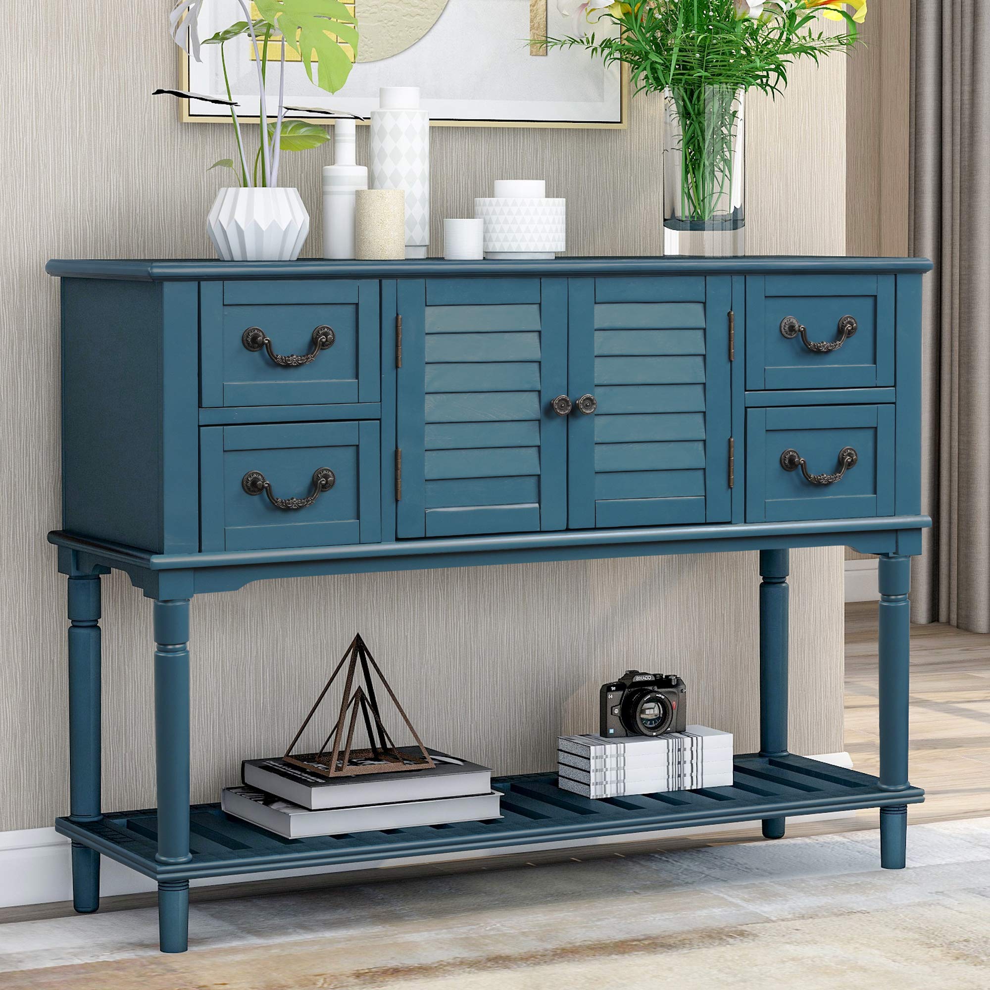 Modern Navy Console Table with Shutter Doors & 4 Storage Drawers - Entryway Sofa Table, Hallway Organizer, Living Room Storage Furniture for Home Decor