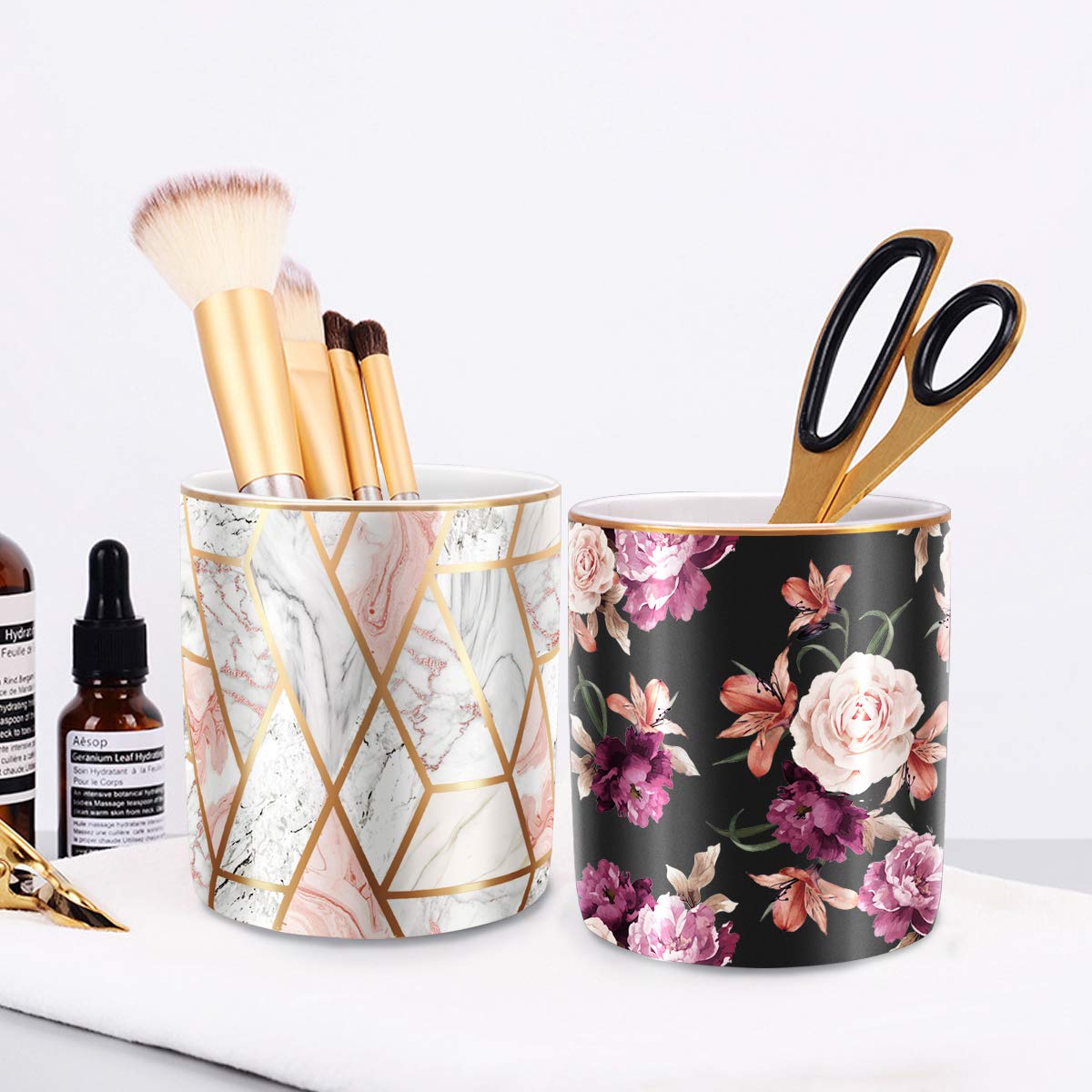 Waveyu Ceramic Desk Organizer - Rose Gold Marble Pencil Cup & Makeup Brush Holder | Durable Office & Classroom Supplies | Perfect for Organizing Pens, Pencils, Brushes on Work Desk or Study Table
