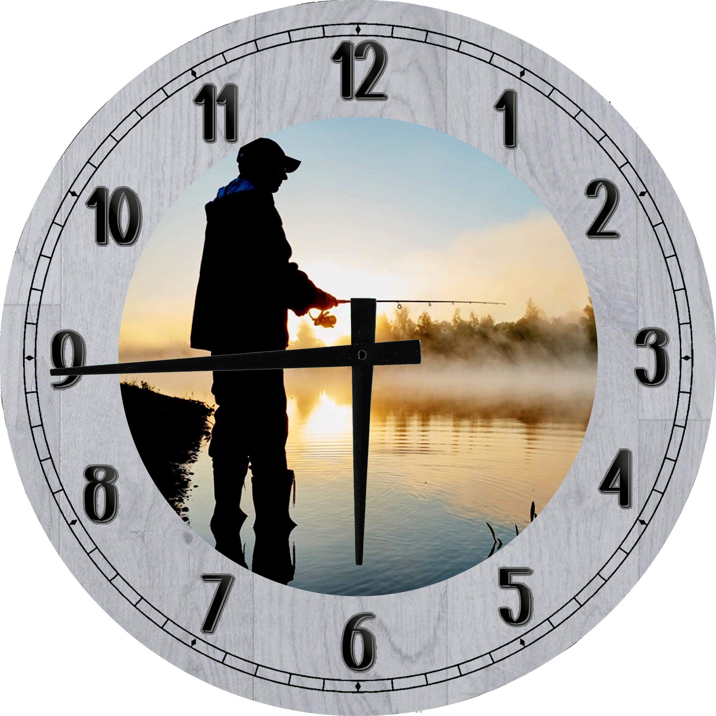 18 Inch Gray Wooden Round Wall Clock - Fishing Lake Scene Decor for Living Room, Bedroom & Office - Early Morning Lake Wall Art