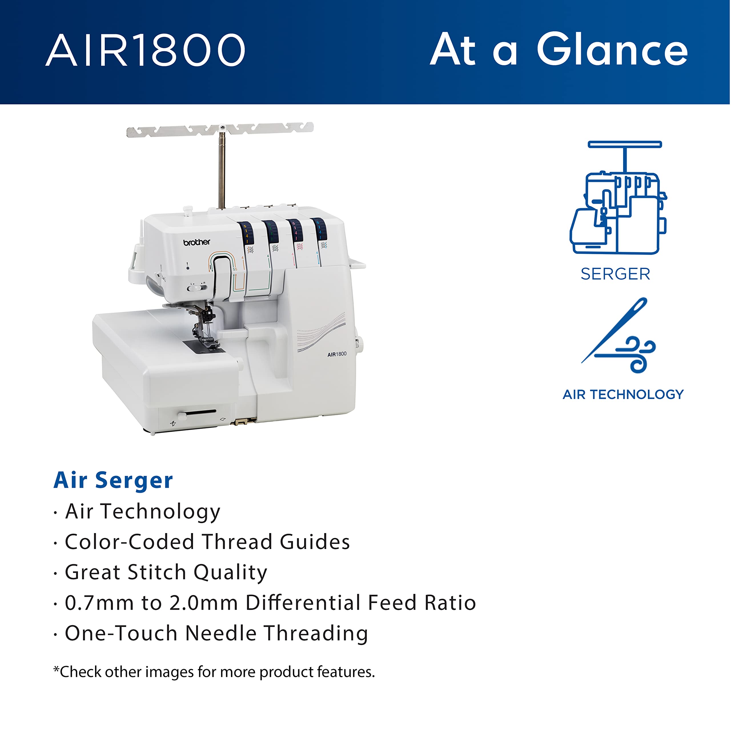 Brother AIR1800 Overlock Sewing Machine with Jet Air Threading - 2/3/4 Thread Capability, LED Lighting, Wide Table Extension & 4-Piece Thread Cones Starter Pack - Perfect for Quilting, Garment Construction and Home Decor Projects