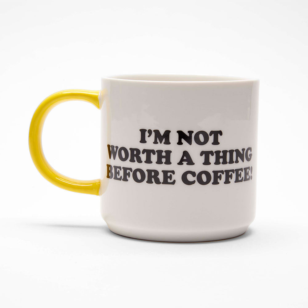 Official Peanuts Snoopy 'Not Worth a Thing Before Coffee' Ceramic Mug - 15oz Funny Coffee Cup for Sleepy Mornings, Office Desk & Home Use - Perfect Gift for Coffee Lovers & Peanuts Fans
