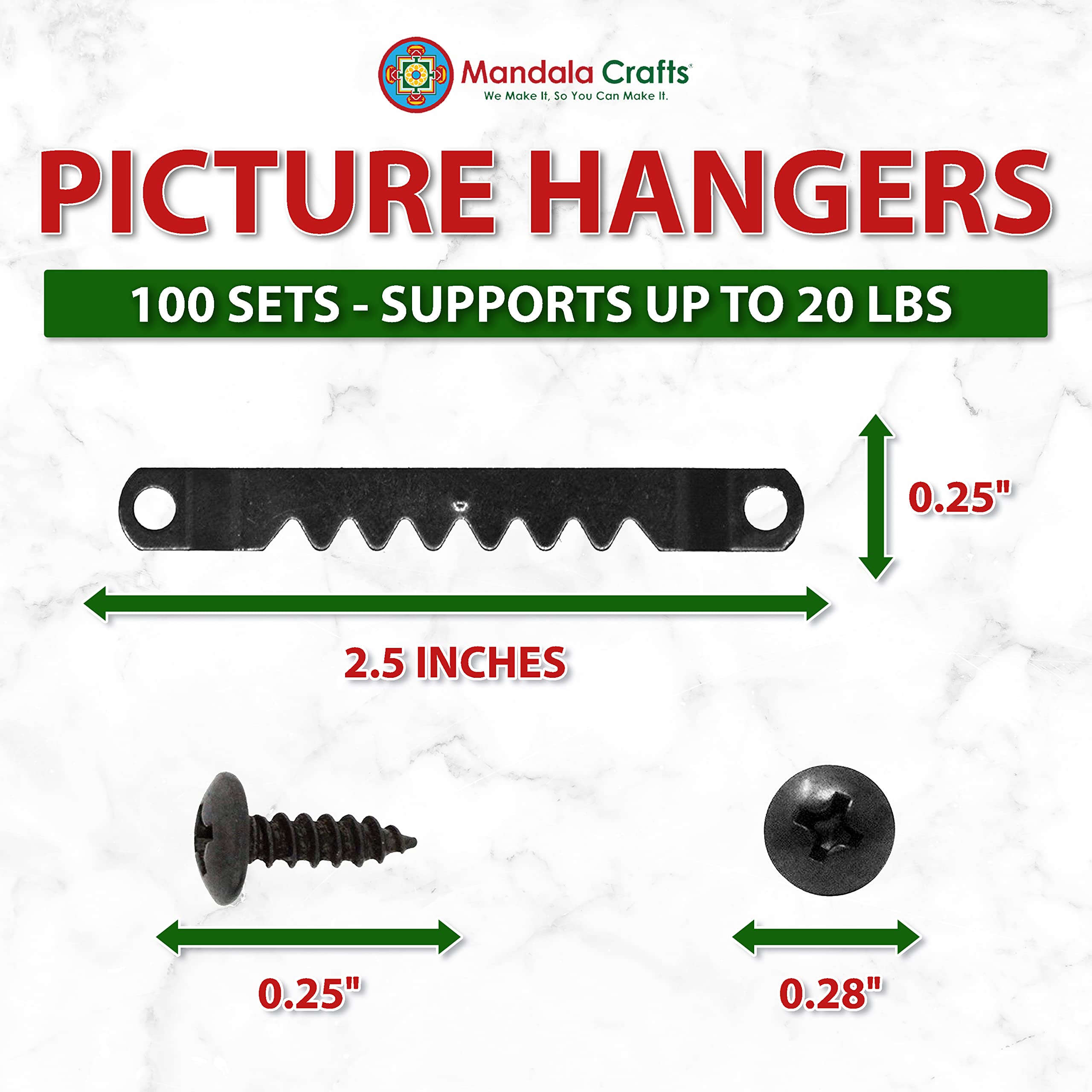 Mandala Crafts Sawtooth Picture Hangers - 100 Pack Heavy Duty Black Picture Frame Hanging Kit with Screws for Canvas, Wood Art, Paintings & Wall Decor - Perfect for Home, Office & Gallery Display