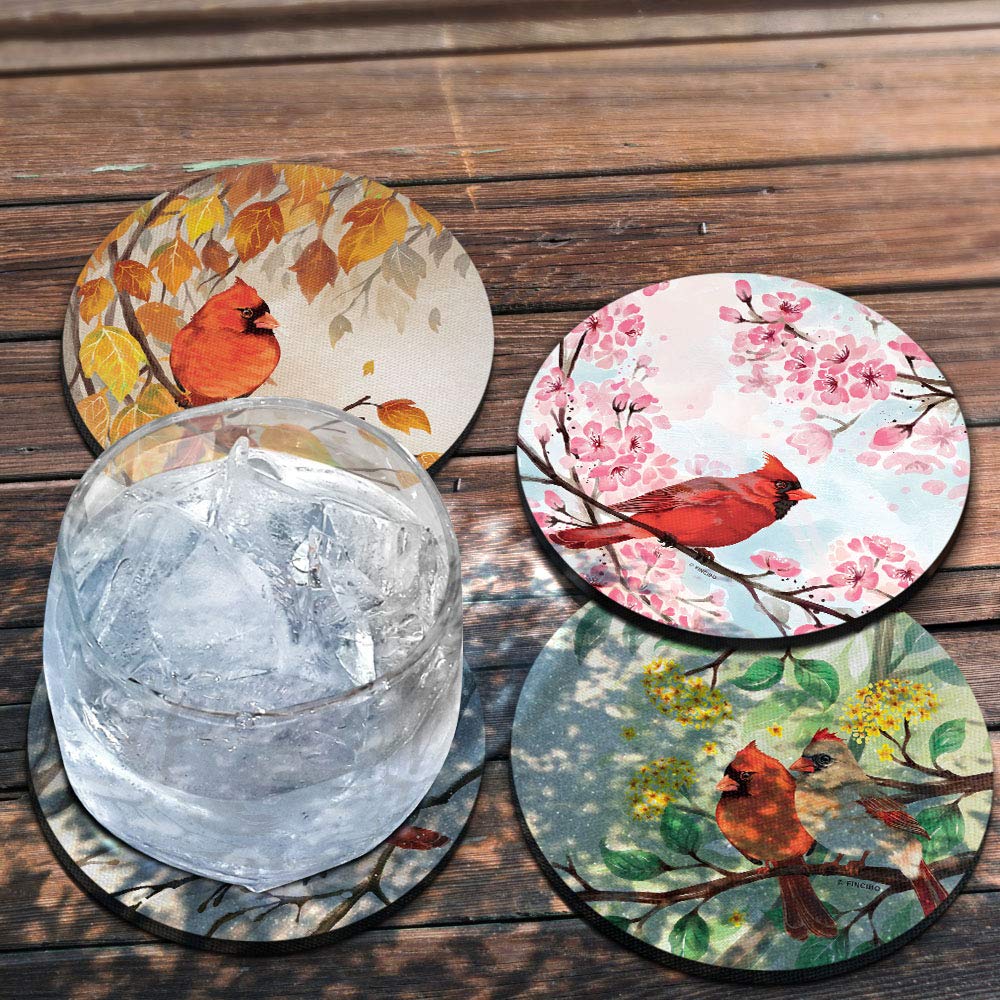 Red Cardinal Bird Seasonal Designs - Absorbent Round Fabric Felt Neoprene Drink Coasters (4-Piece Set) | Perfect for Coffee Tables, Home Decor, and Holiday Gift Giving
