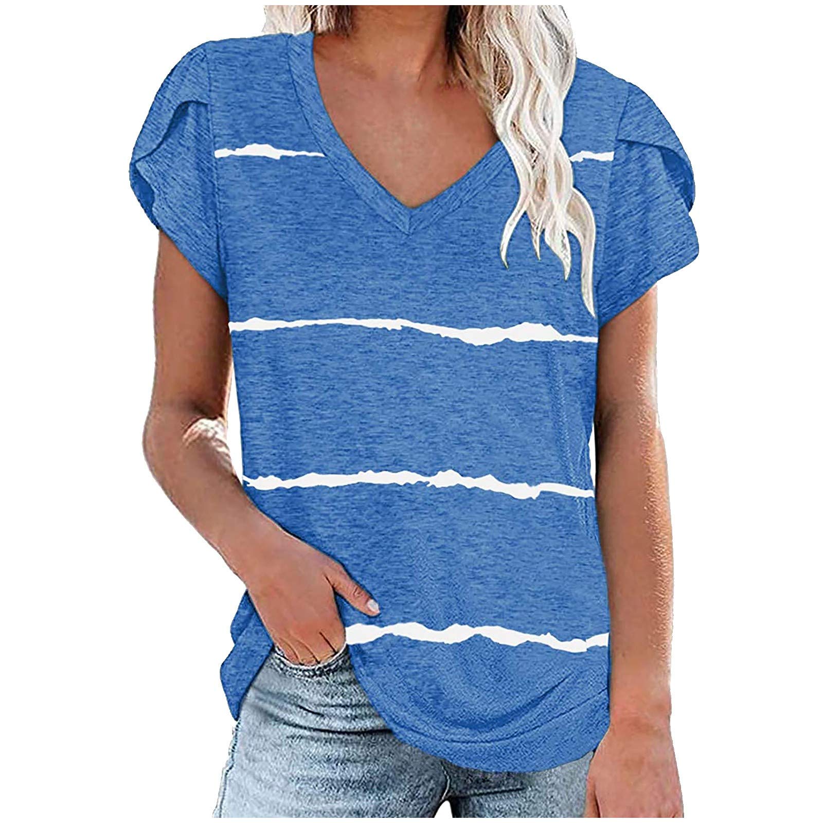 Women's Summer Tops - Puff Short Sleeve V-Neck Casual T-Shirts | Floral Printed Loose Blouse Tee for Beach, Vacation & Everyday Wear