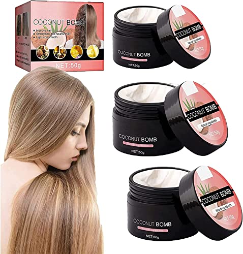 **Organic Coconut Bomb Deep Conditioning Hair Mask - Repair Dry & Damaged Hair, Prevent Split Ends & Breakage - Nourishing Hair Treatment for All Hair Types (3 Pack) - Perfect for Salon-Quality Hair Care at Home**