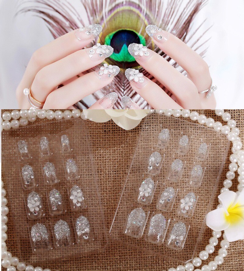 24Pcs Press on Fake Nails for Women - Glossy 3D Diamond French False Nails with Full Cover Tips - Perfect for Parties, Weddings & Special Occasions