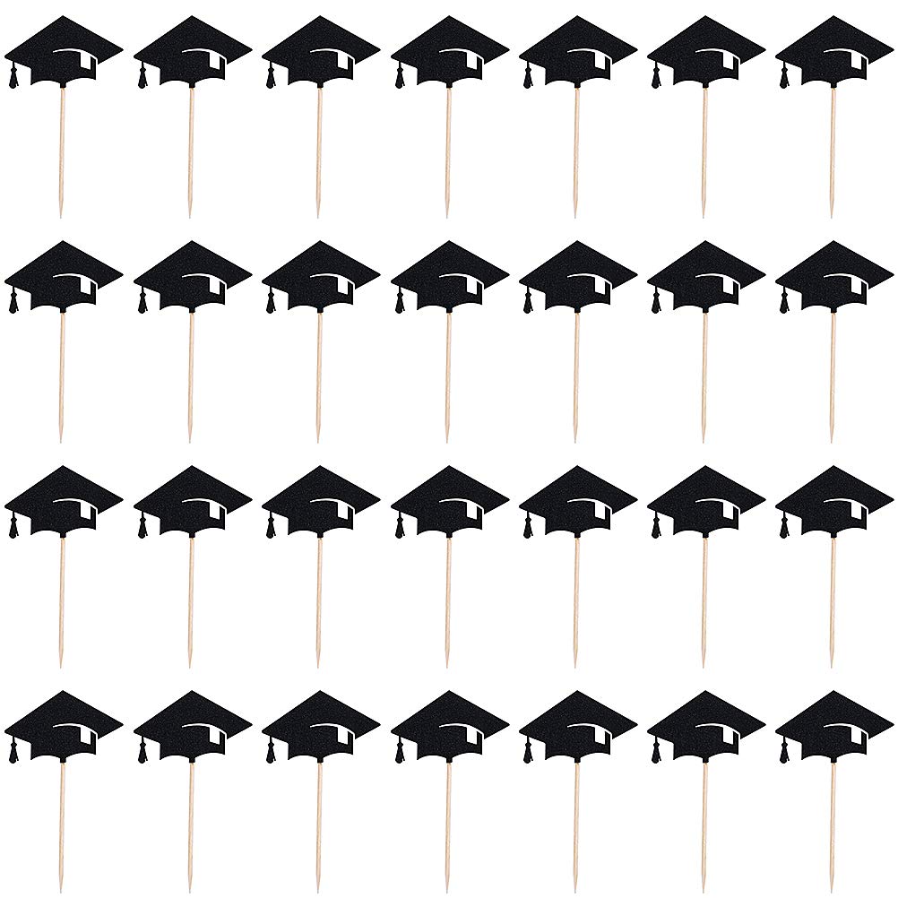 Amosfun 48pcs Graduation Cake Toppers - Gold & Black Grad Cap Decorations for Graduation Party, Birthday, Celebration - Perfect for Cupcakes, Cakes, Dessert Table Decor