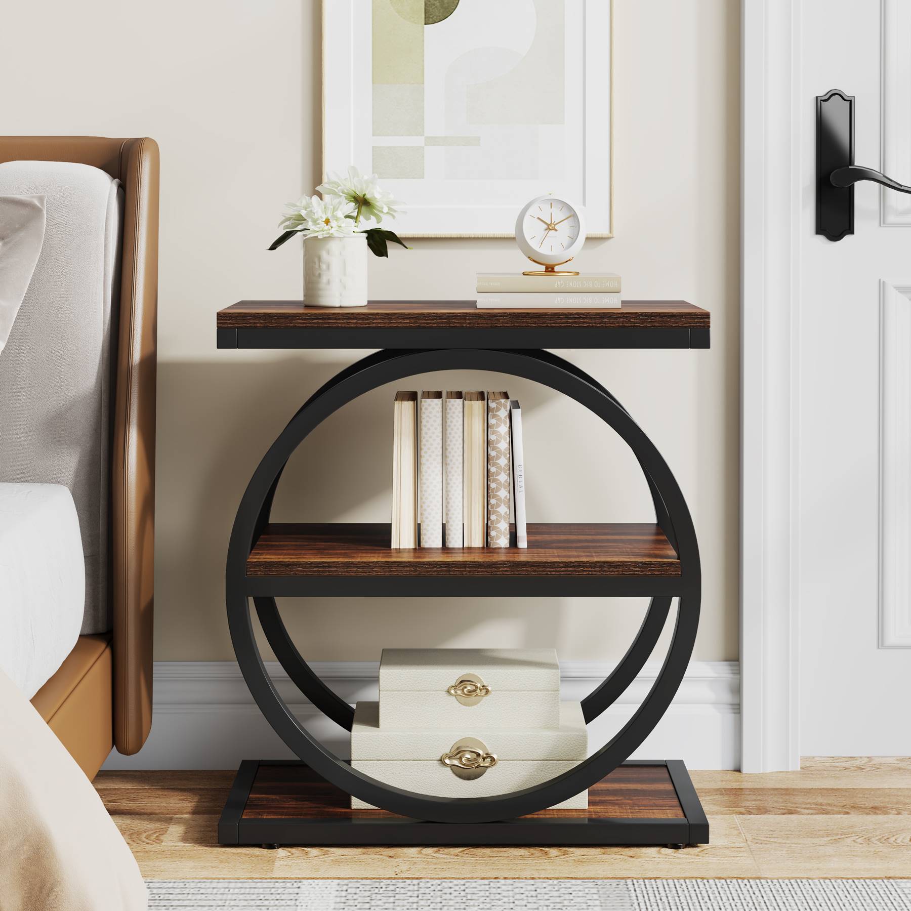 3 Tier End Table with Round Metal Frame - Industrial Style Sofa Side Table for Living Room, Bedroom & Office - Sturdy & Space-Saving Home Decor
