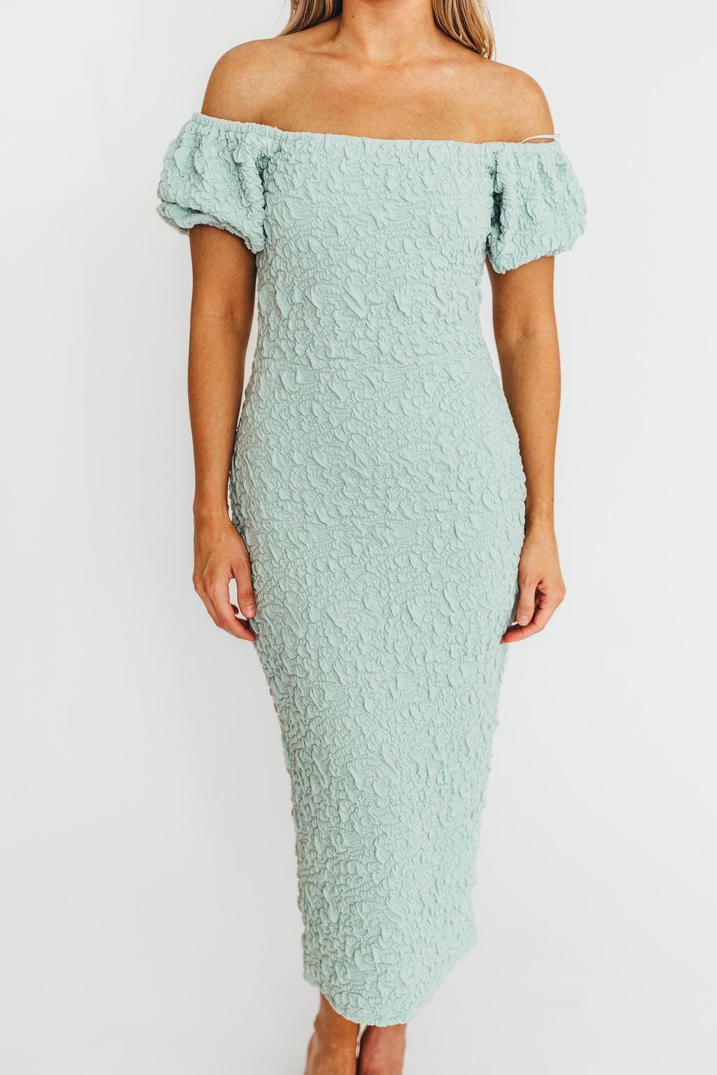 Blakeley Textured Midi Dress - Seafoam Green Bump Friendly Maternity Dress for Women | Perfect for Baby Showers, Maternity Photos & Everyday Wear