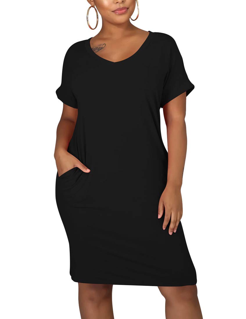 Cailami Women's Summer V-Neck Short Sleeve Midi T-Shirt Dress - Casual Tunic Dress with Pockets for Beach, Vacation & Everyday Wear