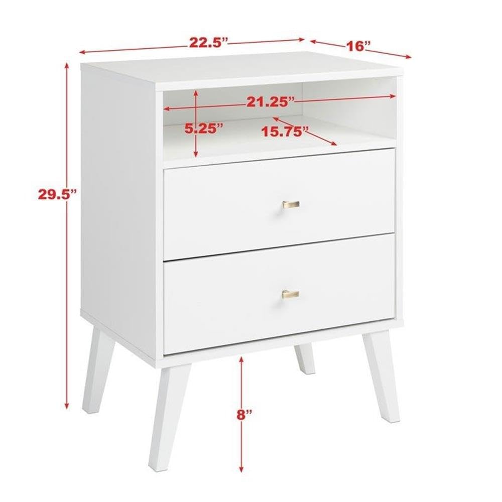 Mid Century Modern Nightstand Set of 2 - White 2-Drawer Tall Bedside Table for Bedroom, Living Room & Guest Room - Home Square Furniture