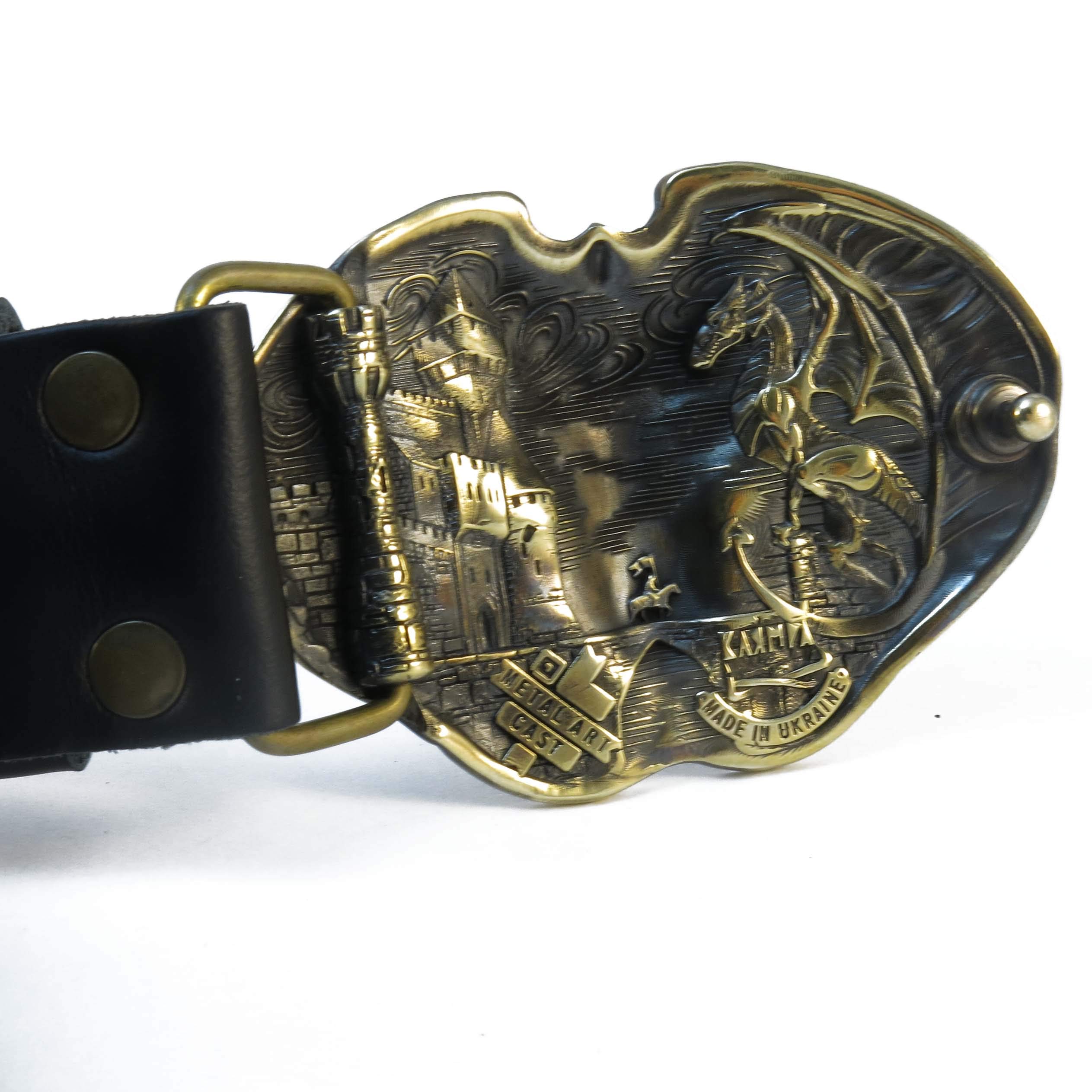 Handmade Scandinavian Leather Belt with Norse Mythology Fafnir Dragon Solid Brass Buckle - Viking Style Accessory for Men's Fashion & Medieval Costume