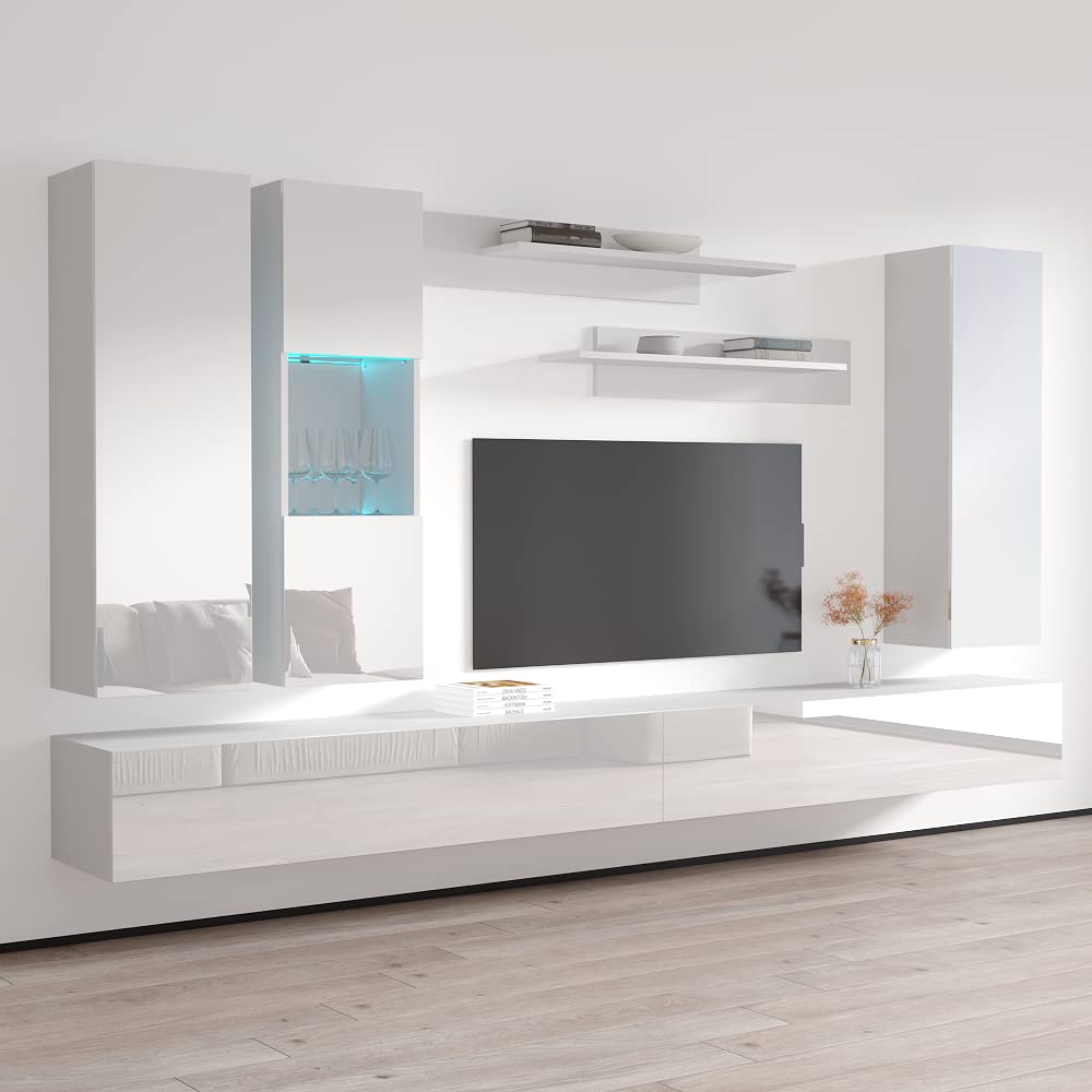 Modern Floating TV Stand with Storage & LED Lights - Wall-Mounted Entertainment Center Console for Bedroom & Living Room - White Meble Furniture Fly EF5 30