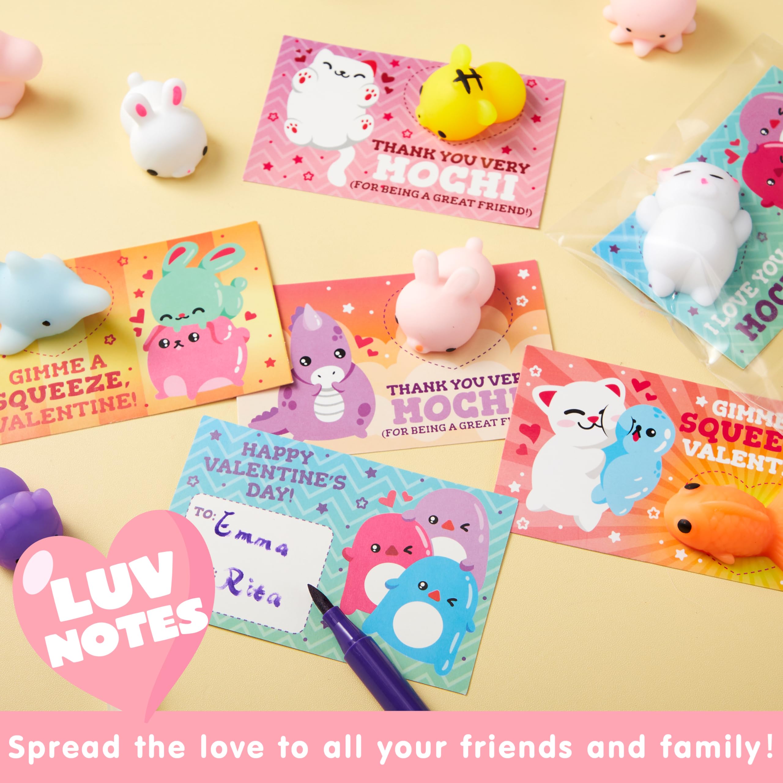 JOYIN 28 Pack Kawaii Mochi Squishy Toys with Gift Cards - Stress Relief Fidget Toys for Kids, Classroom Prizes, Party Favors & Sensory Play - Perfect for Birthday Gifts, School Rewards and Anxiety Relief
