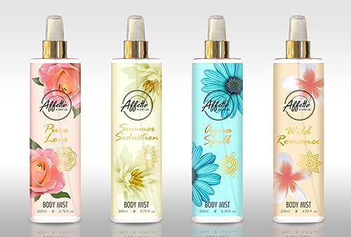 STARSTRUCK BY SUNNY LEONE Affetto Body Mist Set - Aqua Spell, Pure Love, Summer Seduction & Wild Romance (200ml Each) | Long-Lasting Fragrance for Women, Perfect for Date Night, Office & Special Occasions