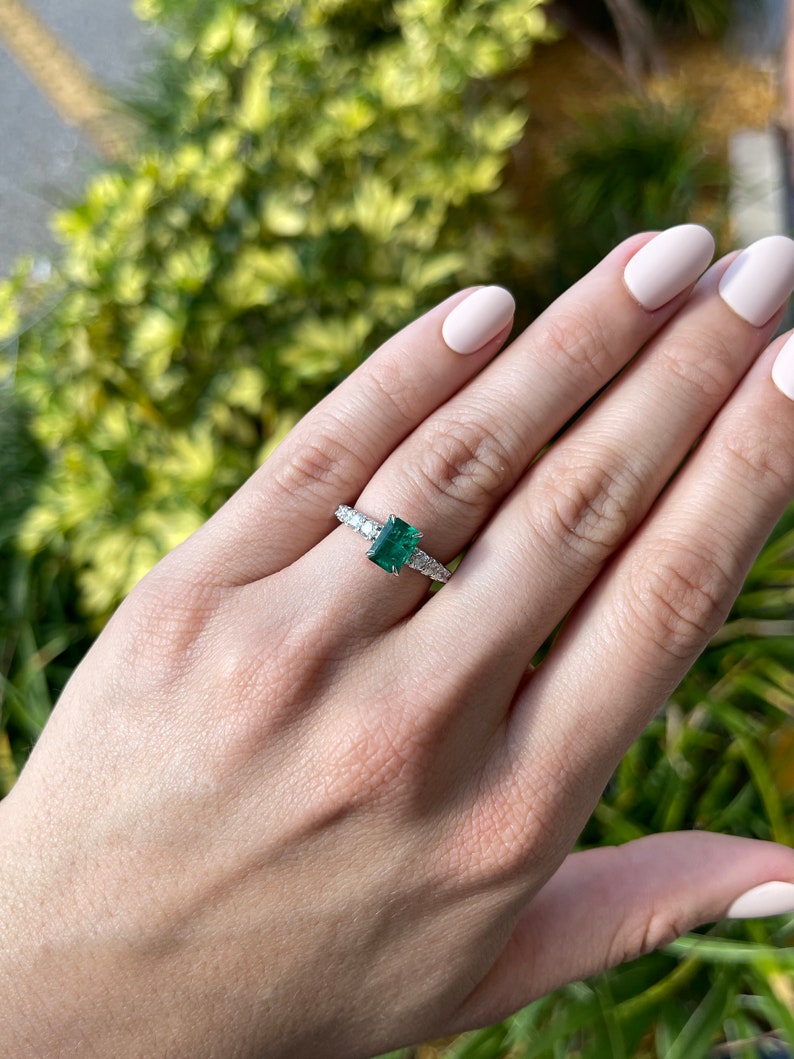 1.90tcw 14K White Gold Natural Emerald & Diamond Engagement Ring for Women - Perfect for Proposals, Anniversaries & Special Occasions