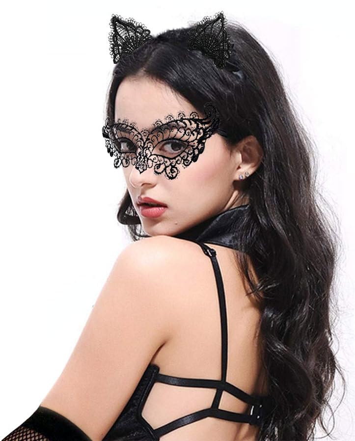 Black Cat Halloween Costume Set with Lace Ears, Gloves, Tail & Choker Necklace - Perfect for Cosplay, Masquerade Balls & Halloween Parties