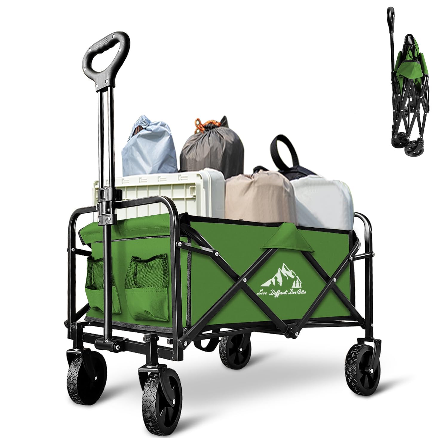 Heavy Duty Collapsible Wagon Cart - Foldable Portable Utility Cart with Large Capacity for Beach, Camping, Grocery Shopping, Fishing & Gardening | Perfect for Outdoor Adventures, Picnics, Tailgating & Home Use (Green)