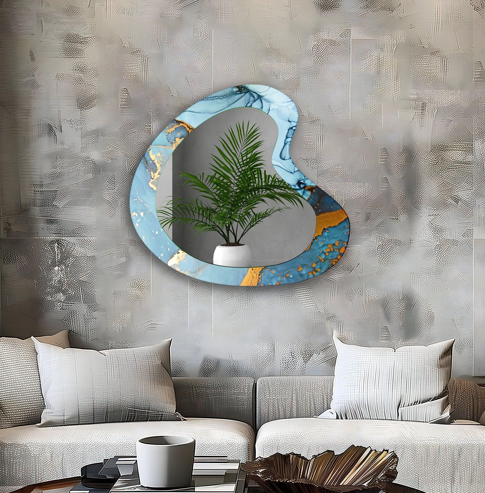 Blue & Gold Alcohol Ink Wall Mirror - Handmade Aesthetic Decorative Mirror for Home, Office & Gifts - Perfect for Living Room, Bedroom & Bathroom Decor