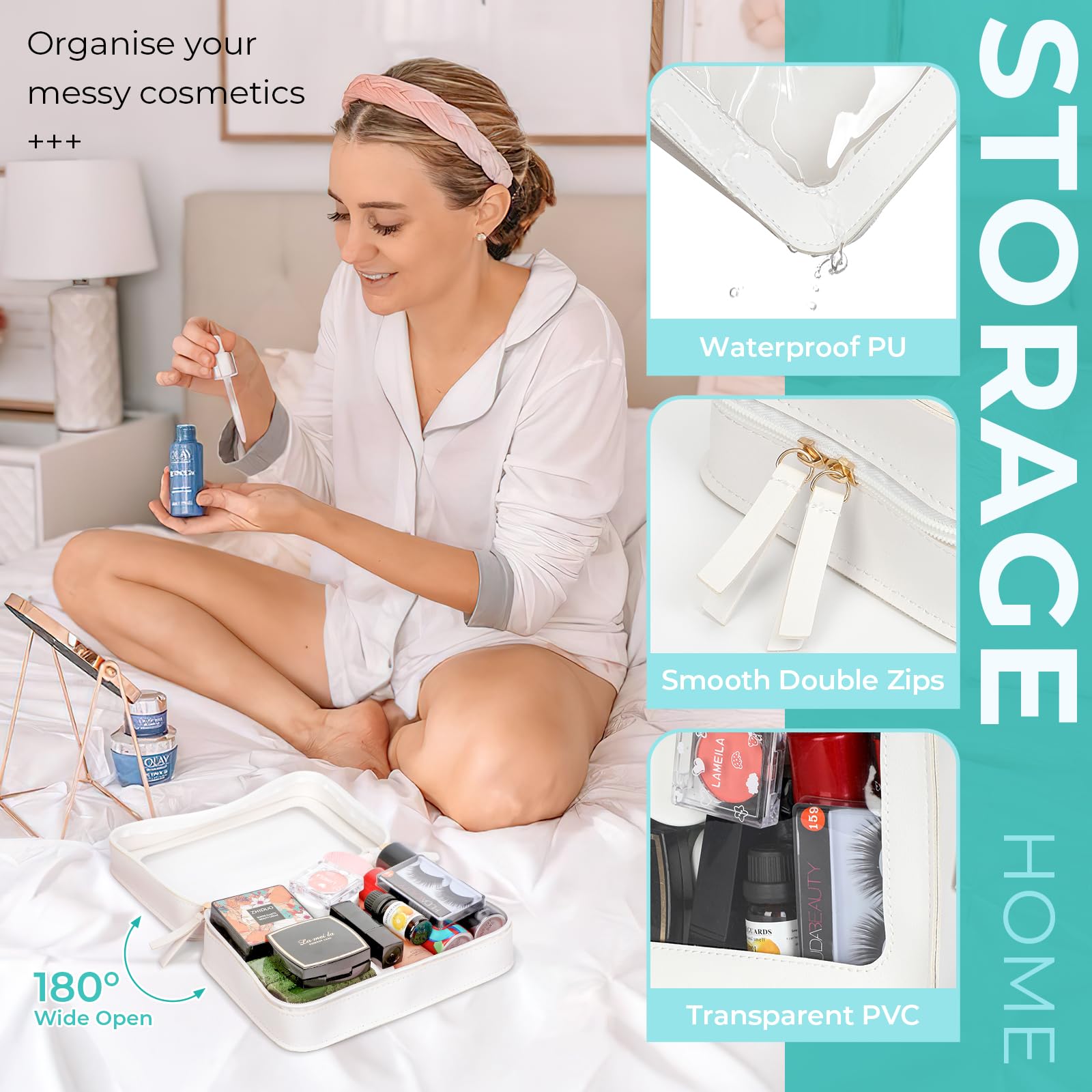 Clear Makeup Bag Cosmetic Organizer Case - Travel Toiletry Bag with Zipper, TSA Approved Transparent Cosmetic Bag for Women | Perfect for Travel Essentials, Airplane Carry-On & Daily Organization (White, Large)