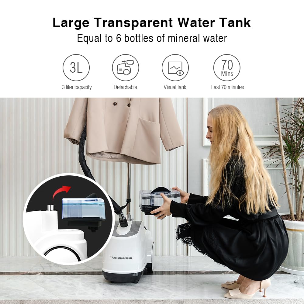 Professional Clothes Steamer with 3L Large Water Tank - 1600W Powerful Garment & Fabric Steamer for Wrinkles Removal (White) | Perfect for Home, Travel, and Professional Use