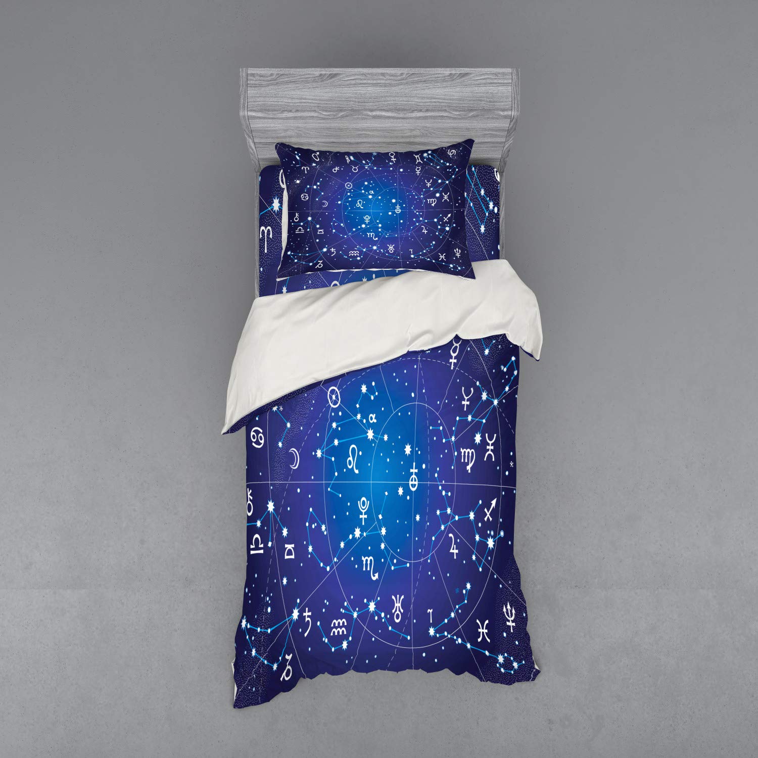 Ambesonne Astrology Duvet Cover Set - Zodiac Constellation & Planets Celestial Pattern 3-Piece Bedding Set with Pillow Sham & Fitted Sheet, Twin XL Size, Dark Blue - Perfect for Astronomy Lovers' Bedroom Decor & Gift Ideas