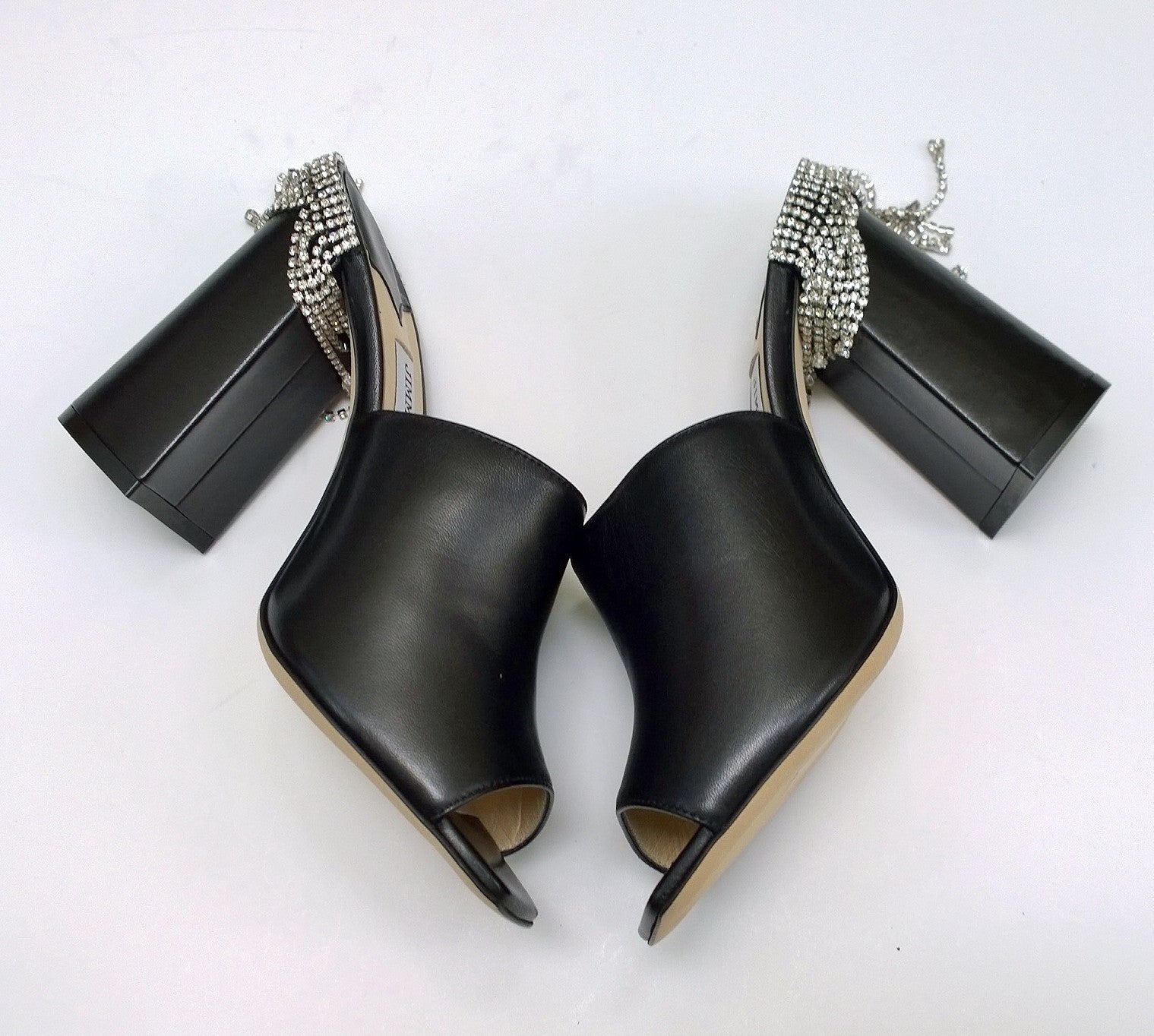 Jimmy Choo Baia Black Leather Rhinestone Tassel Sandals - Women's High Heel Mules for Parties & Evening Events