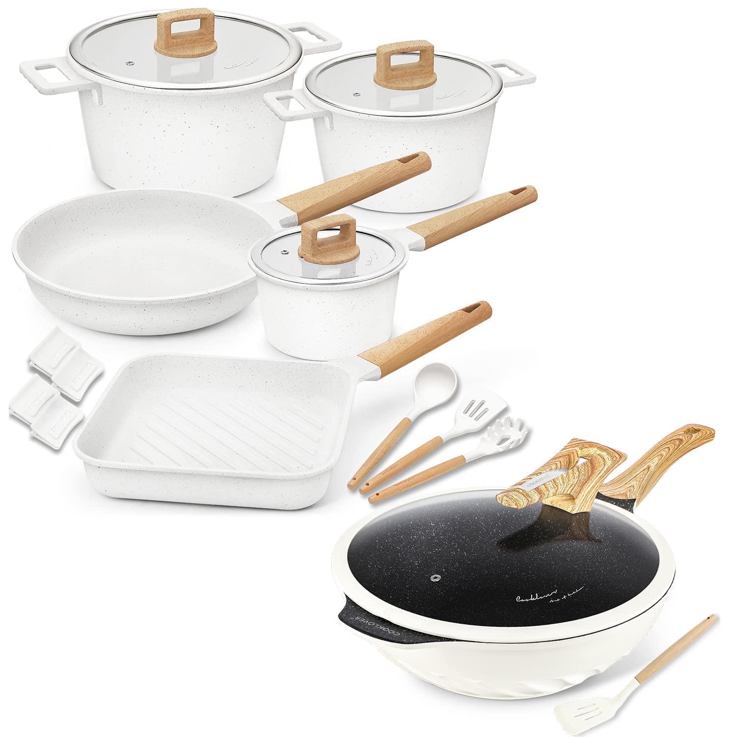 Premium Non-Stick Induction Cookware Set - 15-Piece White Kitchenware with 12.6