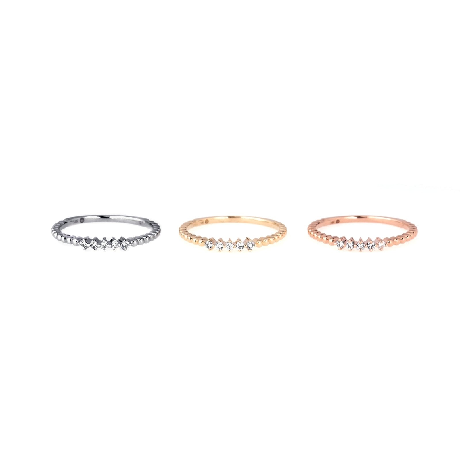 Five Diamond Beaded Ring in Solid 14k Yellow Gold - Elegant Stackable Jewelry for Women, Perfect for Weddings, Anniversaries & Everyday Wear