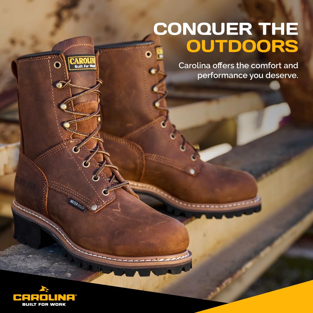 Carolina Elm 8 Inch Logger Steel Toe Work Boots for Men - Crazy Horse Leather Upper, Comfortable Pillow Cushion Footbed, Oil & Slip Resistant EH-Rated Outsole - Ideal for Construction, Logging & Heavy Duty Work
