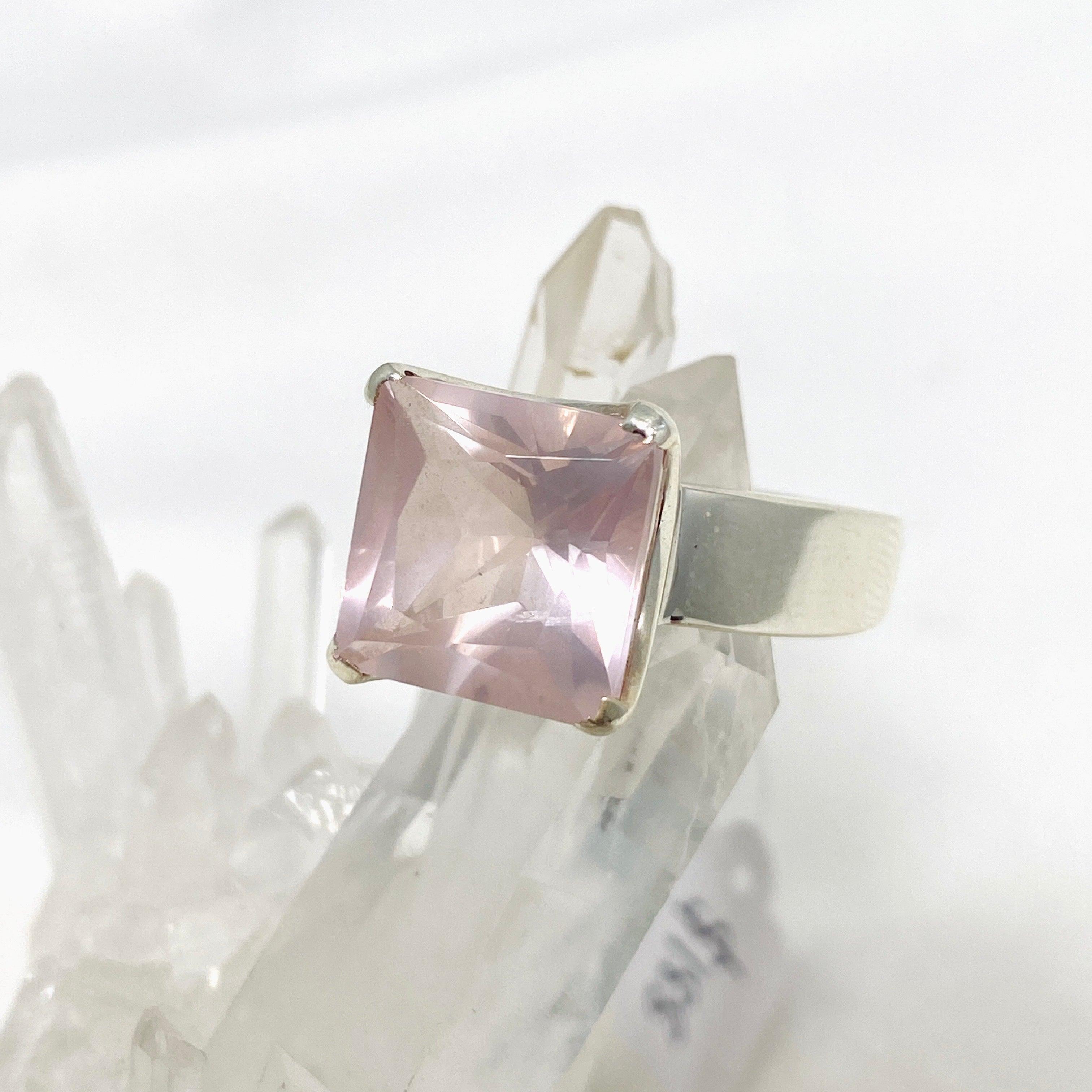 Rose Quartz Faceted Square Ring Size 11.5 PRGJ427 - Elegant Healing Crystal Jewelry for Women, Perfect for Meditation, Yoga & Spiritual Gifts