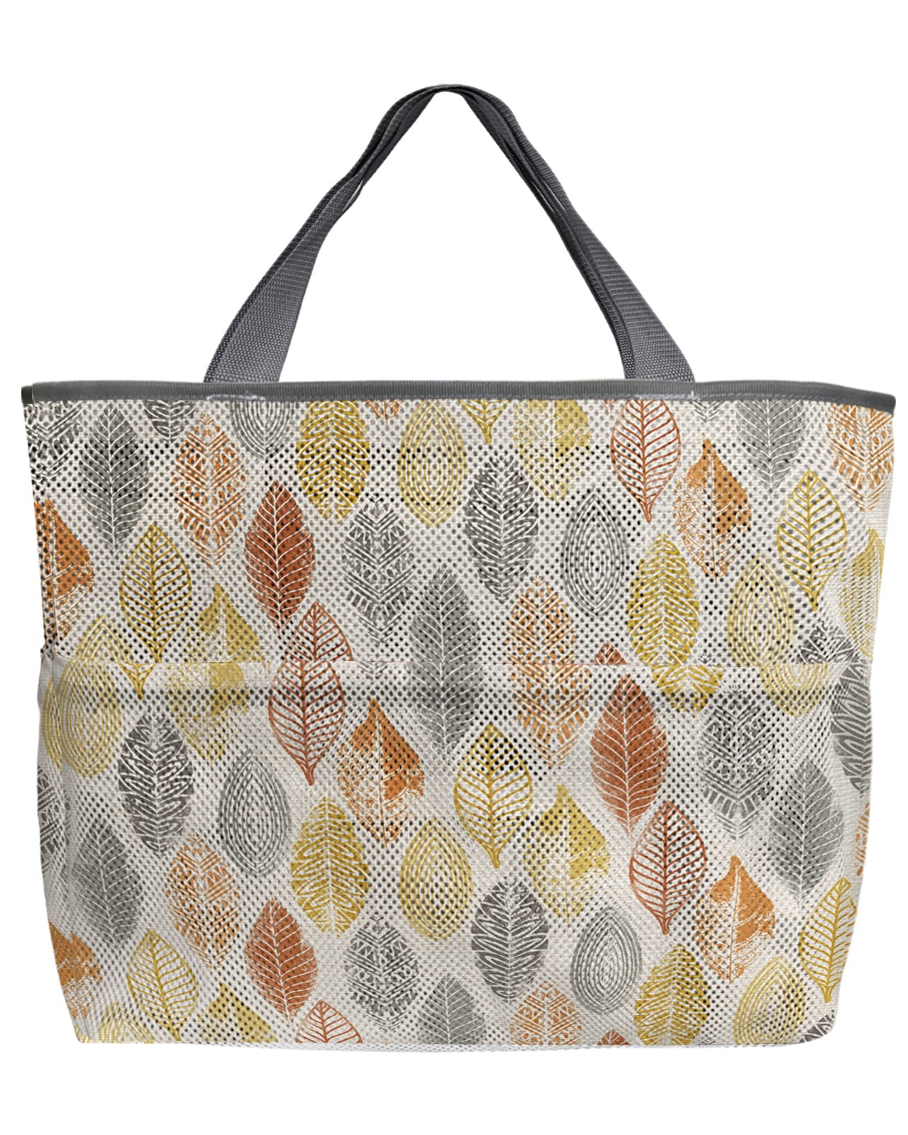 Mesh Beach Tote Bag - 60L Oversized Orange Leaves Pattern Quick-Dry Swim Bag with Pockets | Foldable Lightweight Gray & Yellow Net Tote for Beach, Pool, Grocery Shopping | 24