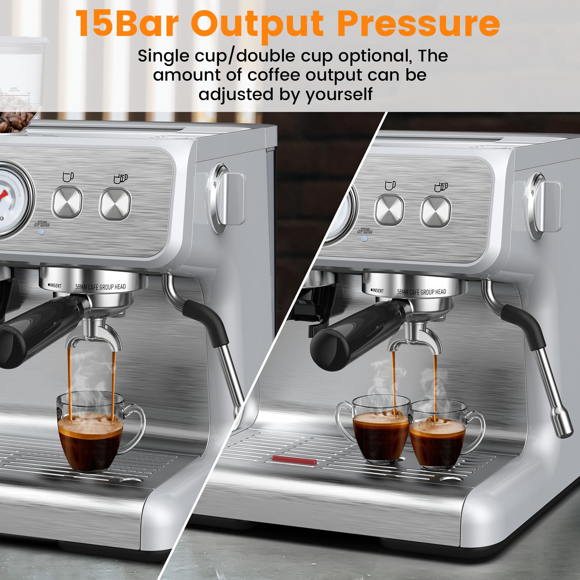 Professional 15 Bar Espresso Machine with Built-in Grinder & Milk Frother - Stainless Steel Coffee Maker with Removable Water Tank - Perfect for Home Baristas Making Cappuccino, Latte & Espresso Drinks