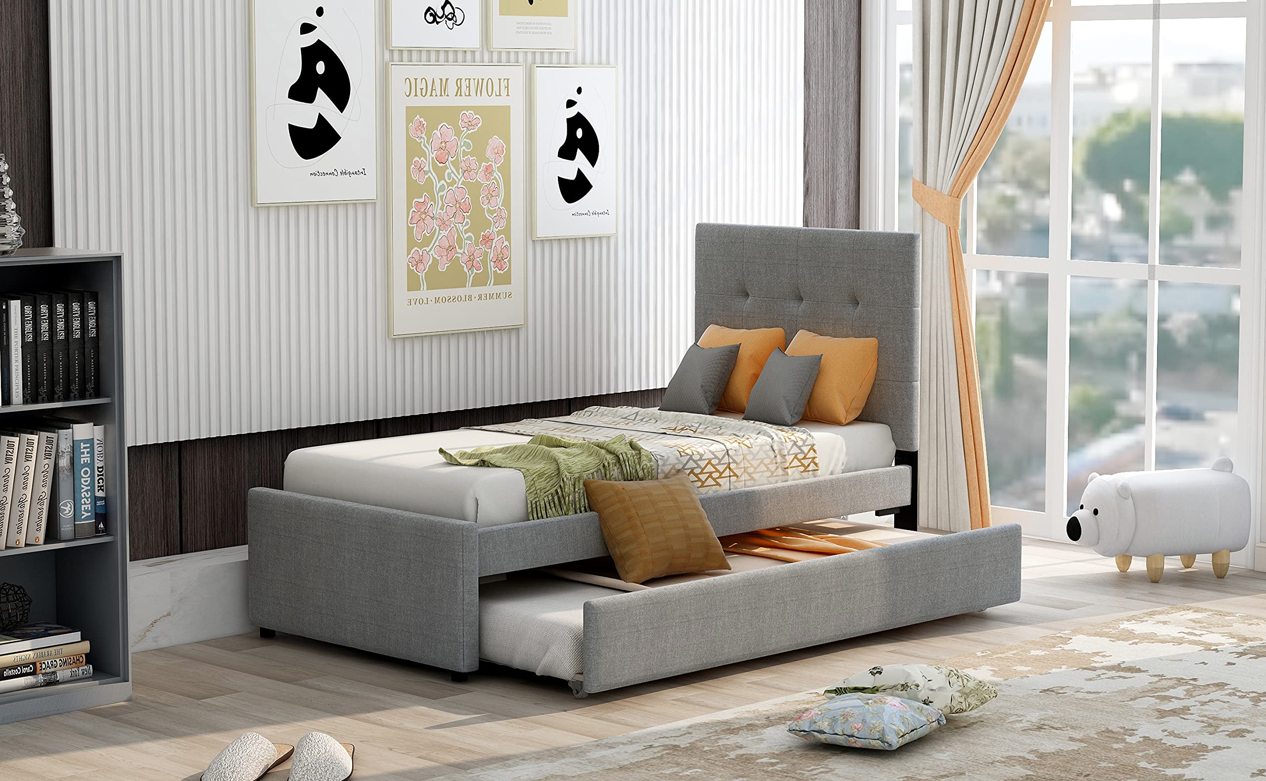 RUNNA Twin Size Upholstered Platform Bed Frame with Trundle - Linen Fabric Daybed with Headboard for Kids & Teens - No Box Spring Needed - Perfect for Small Bedrooms, Guest Rooms & Sleepovers