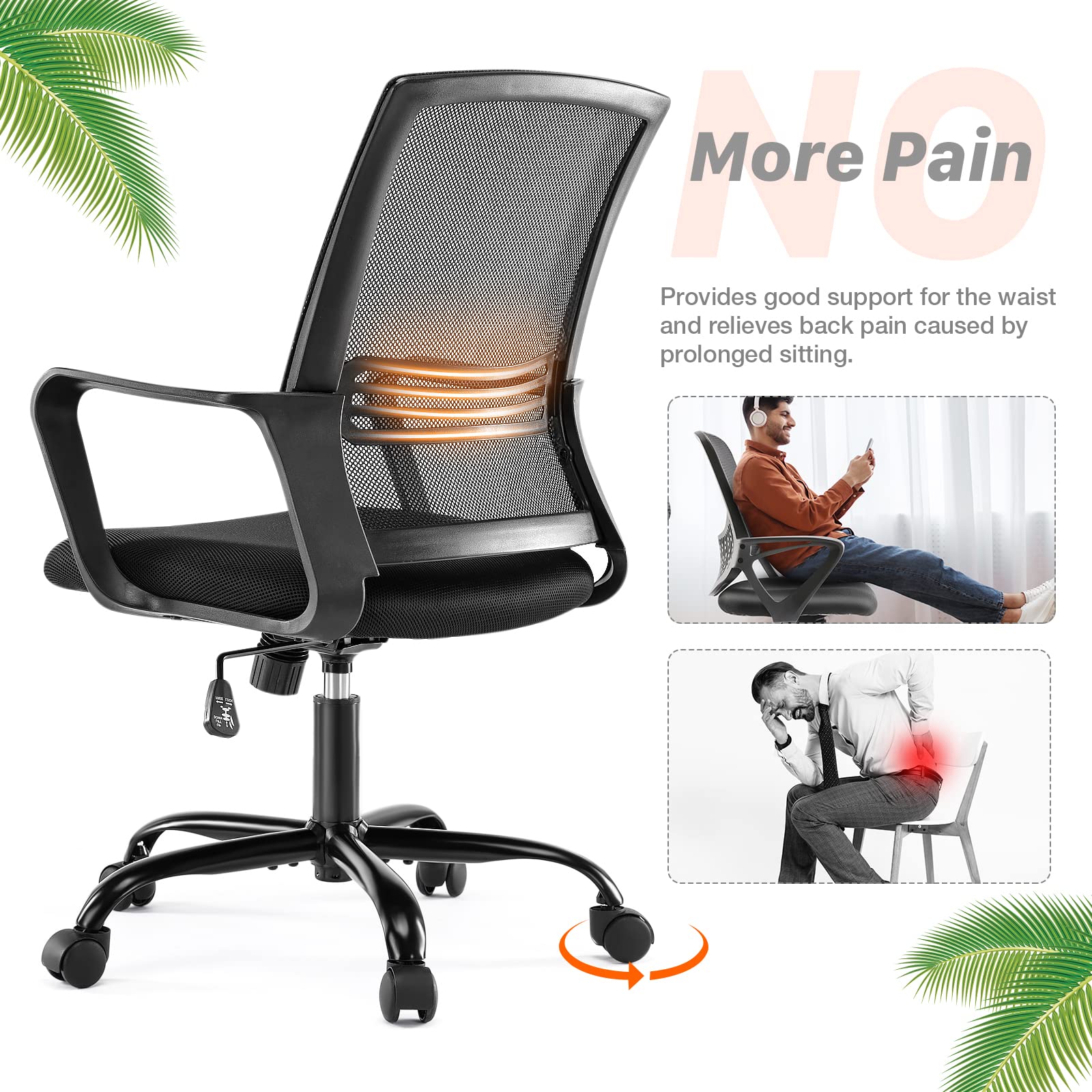 Ergonomic AFO Task Mid-Back Office Chair with Lumbar Support - Dark Black - Perfect for Home Office, Gaming & Workspaces