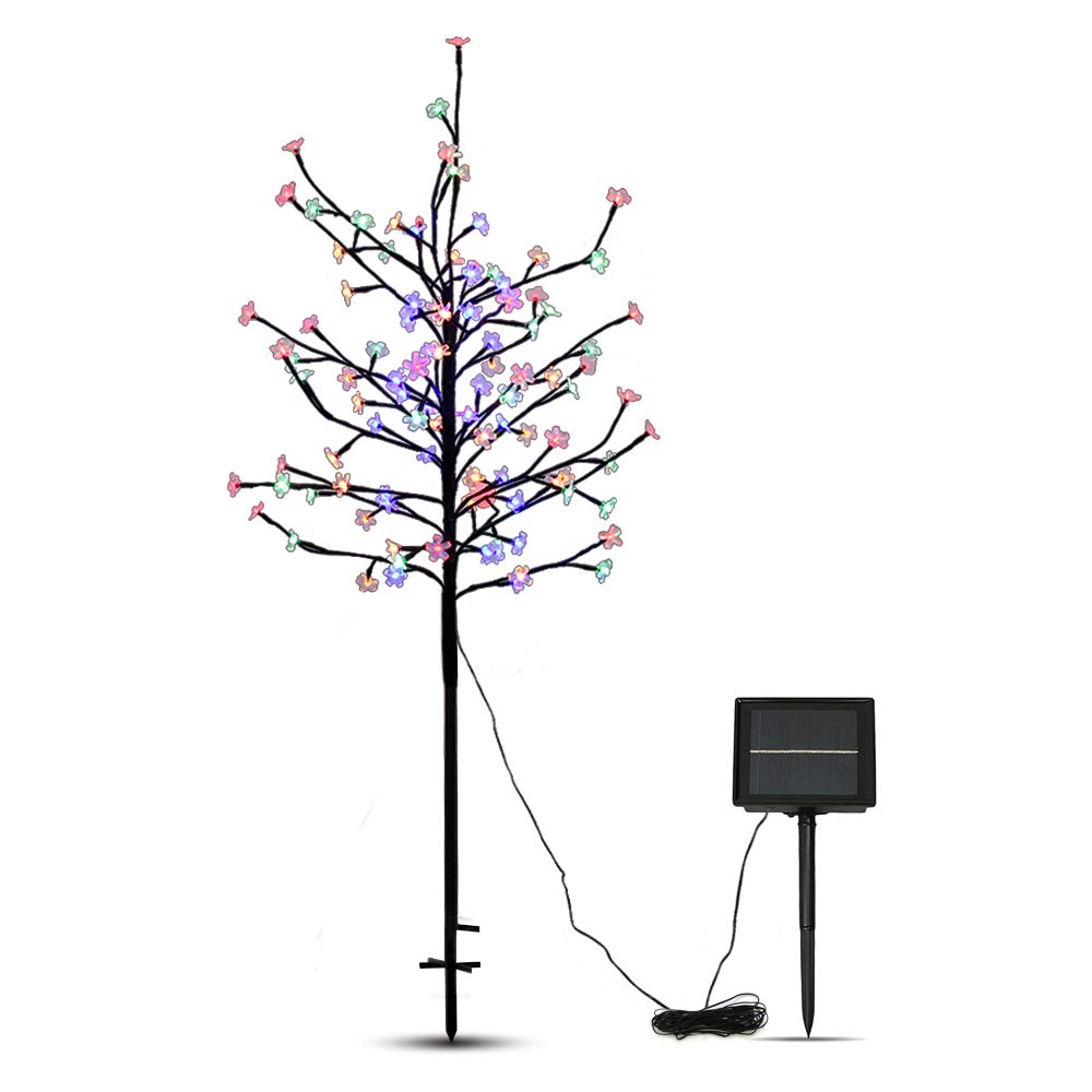 5FT 104LED Solar Powered Cherry Blossom Lights Outdoor - Adjustable Branch Solar Garden Tree Lights for Pathway, Yard, Lawn, Backyard, Holiday & Christmas Decoration - Perfect for Garden Parties, Wedding Decor and Nighttime Landscape Lighting