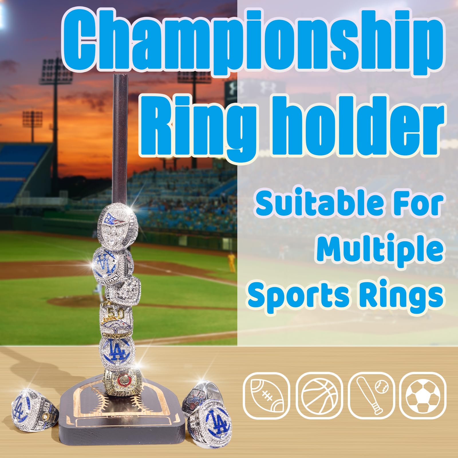 Championship Baseball Ring Display Holder - Wooden Softball & Sports Ring Organizer with Stickers & Tweezers - Holds 15 Rings - Perfect for Trophy Cases, Memorabilia Displays & Sports Awards Showcases