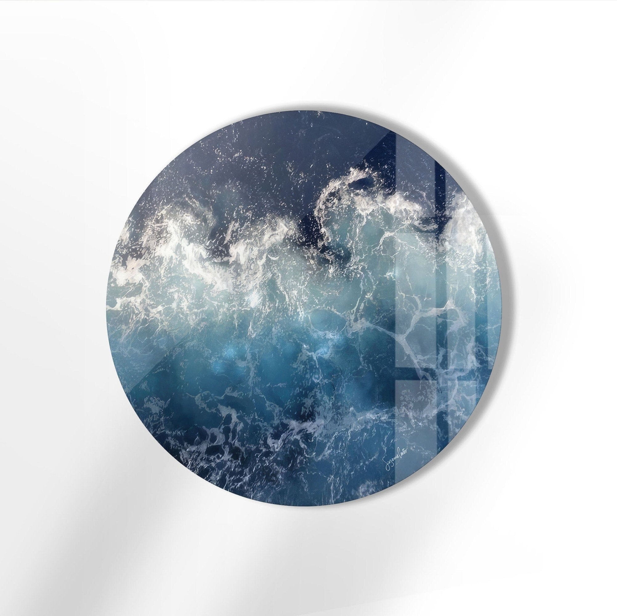 Abstract Round Ocean Waves Glass Wall Art - Coastal Beach Decor for Living Room, Bedroom & Office - Handmade Seascape Mural for Home & Office Decor