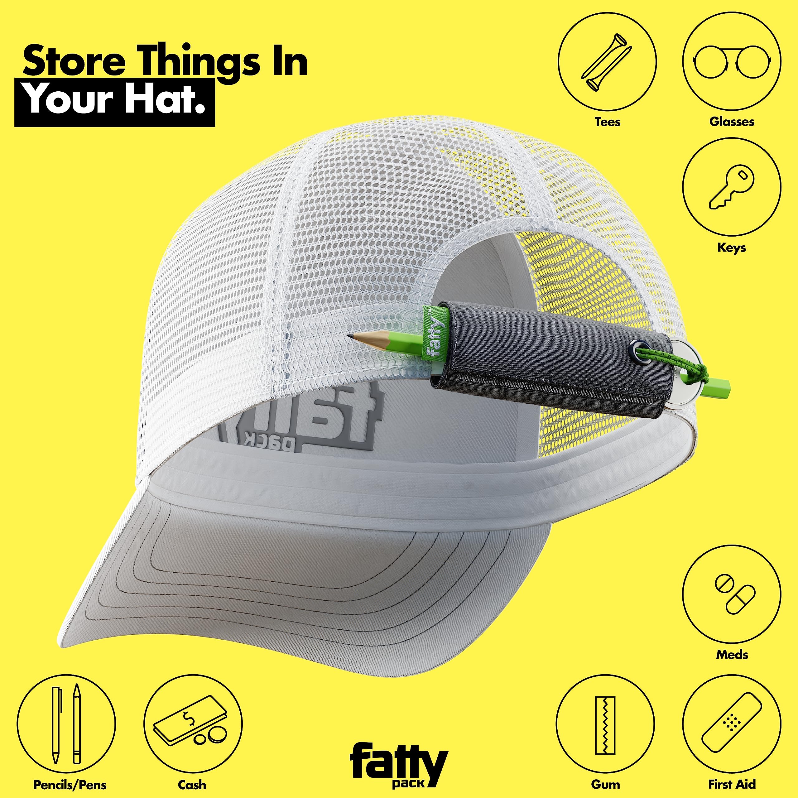 FattyPack - Detachable Hat Storage Pocket - Organize Cash, Medicine, Gum, Keys, Pens & Golf Accessories - Black/Green - Perfect for Golf, Hiking, Travel & Outdoor Activities