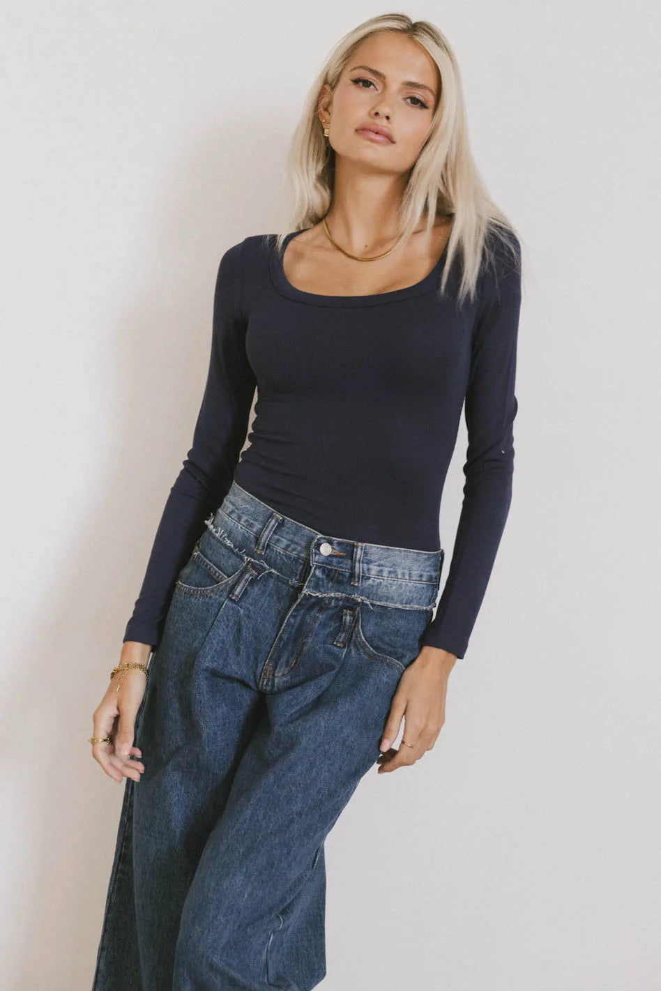 Audrey Ribbed Knit Top for Women - Navy Blue Slim Fit Stretch T-Shirt | Casual Wear, Layering, Office Outfits