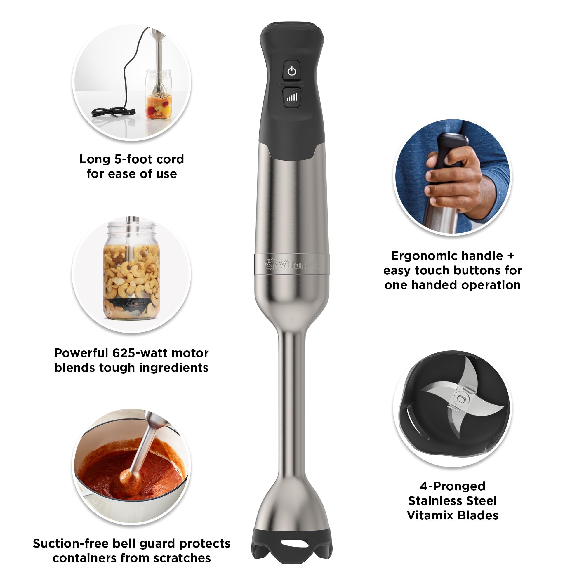 Vitamix 5-Speed Hand Blender with 625-Watt Powerful Motor - One-Handed Operation, 5 ft Long Cord, Stainless Steel & Black Design - Perfect for Smoothies, Soups, Sauces, and Baby Food at Home