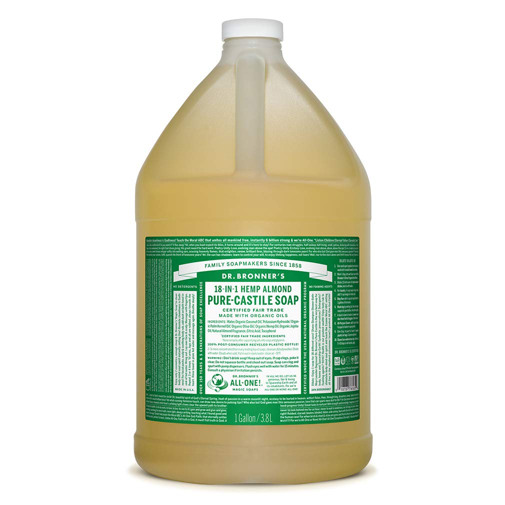 Dr. Bronner's Organic Almond Pure-Castile Liquid Soap (1 Gallon) - 18-in-1 Uses for Face, Body, Hair, Laundry, Pets & Dishes | Concentrated Vegan & Non-GMO Formula | Perfect for Eco-Friendly Home, Travel & Outdoor Adventures