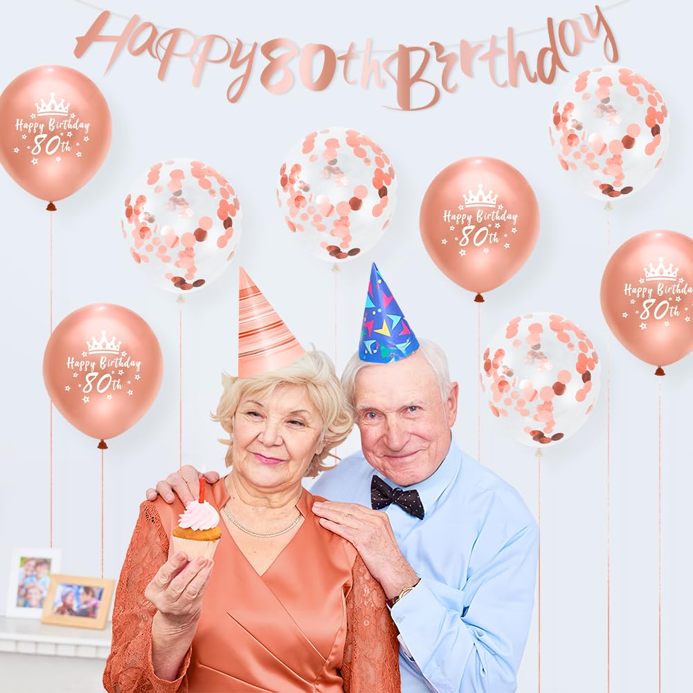 80th Birthday Decorations for Women - Rose Gold Happy Birthday Banner with 12 Pack 12