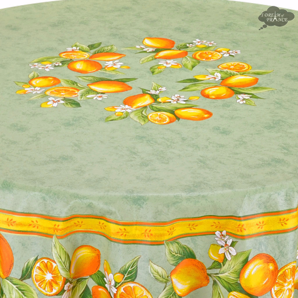 90 Round Lemons Green Acrylic Coated Cotton Tablecloth - Waterproof & Stain Resistant - Perfect for Outdoor Picnics, Garden Parties & Dining Decor by Tissus Toselli