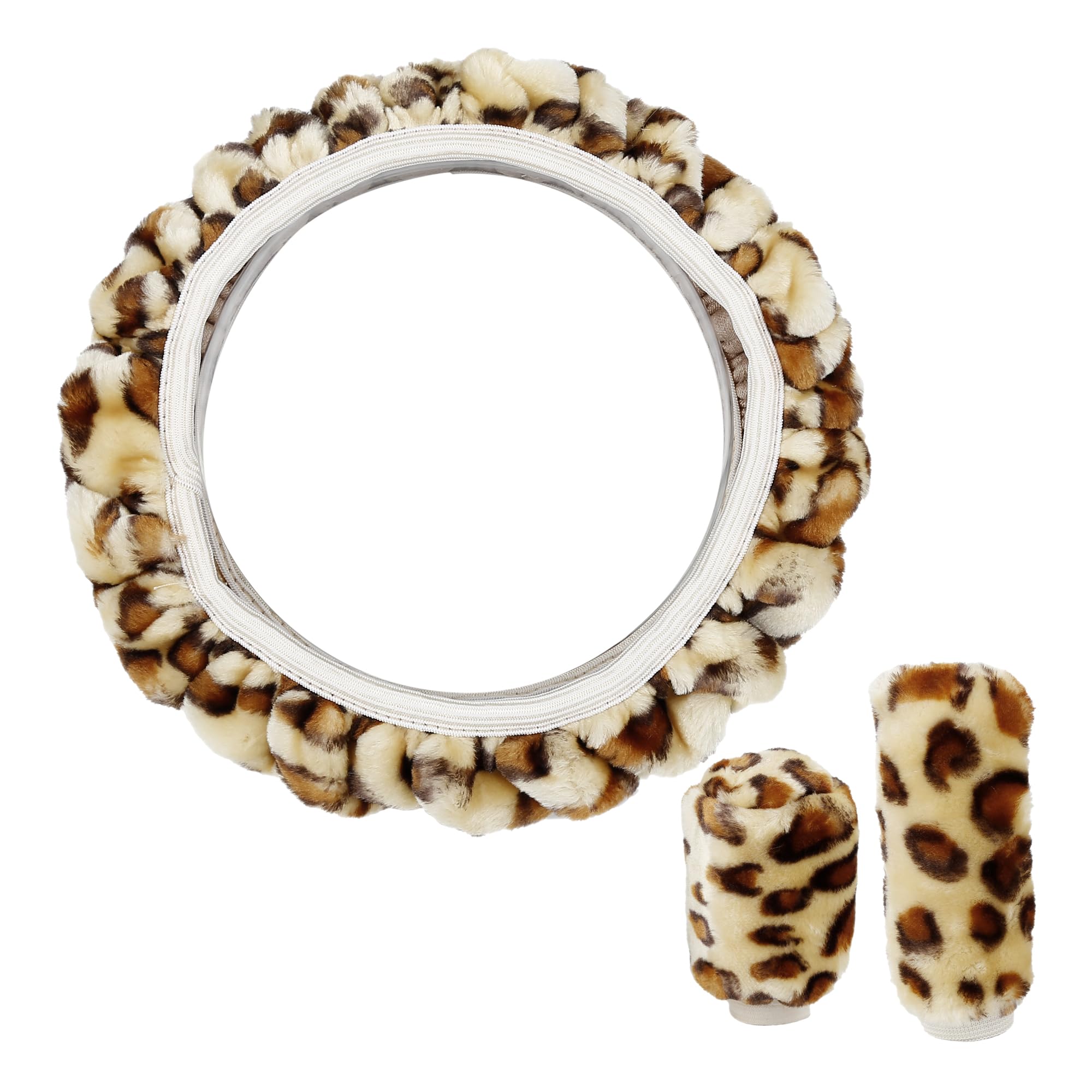 X AUTOHAUX Universal Elastic Leopard Print Fluffy Steering Wheel Cover & Handbrake Gear Shift Cover Set - Beige | Non-Slip Grip, All-Season Comfort for Cars, SUVs & Trucks