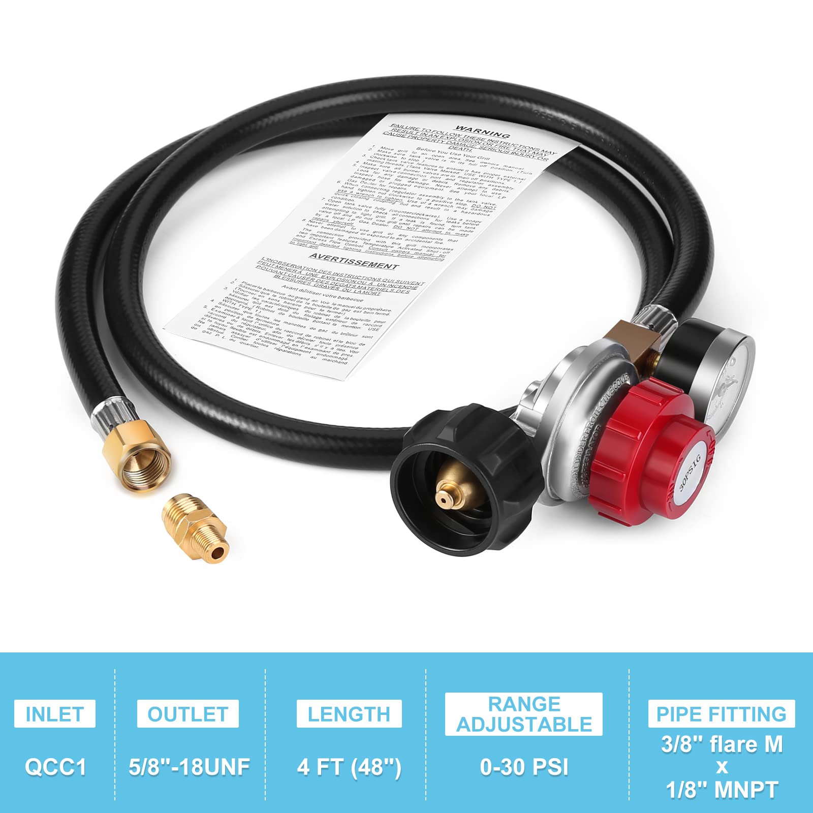 **WADEO 4 FT 0-30 PSI Adjustable High Pressure Propane Regulator with Hose & Gauge, 1/8