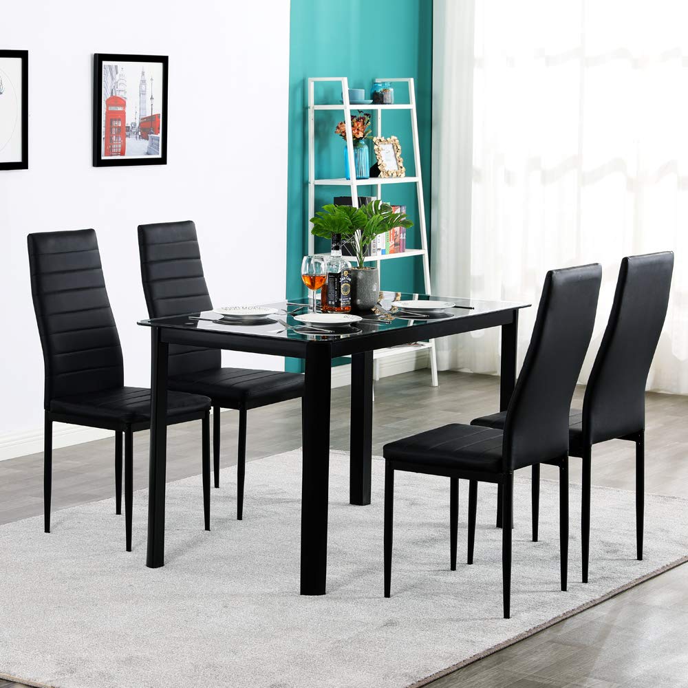 SoSo-BanTian1989 Modern Kitchen Dining Set - Tempered Glass Table & 4 Faux Leather Chairs (Black) - Perfect for Small Spaces & Contemporary Homes