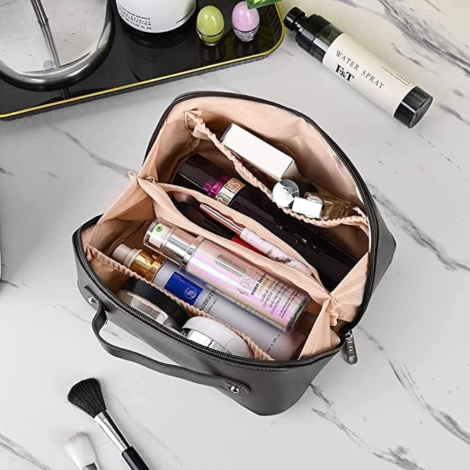 SHOPZILLA Large Capacity 12 Inch Cosmetic Travel Bag for Women - Leather Makeup Organizer with Handle & Divider, Wide Opening Portable Toiletry Bag - Perfect for Travel, Gym, and Daily Makeup Storage