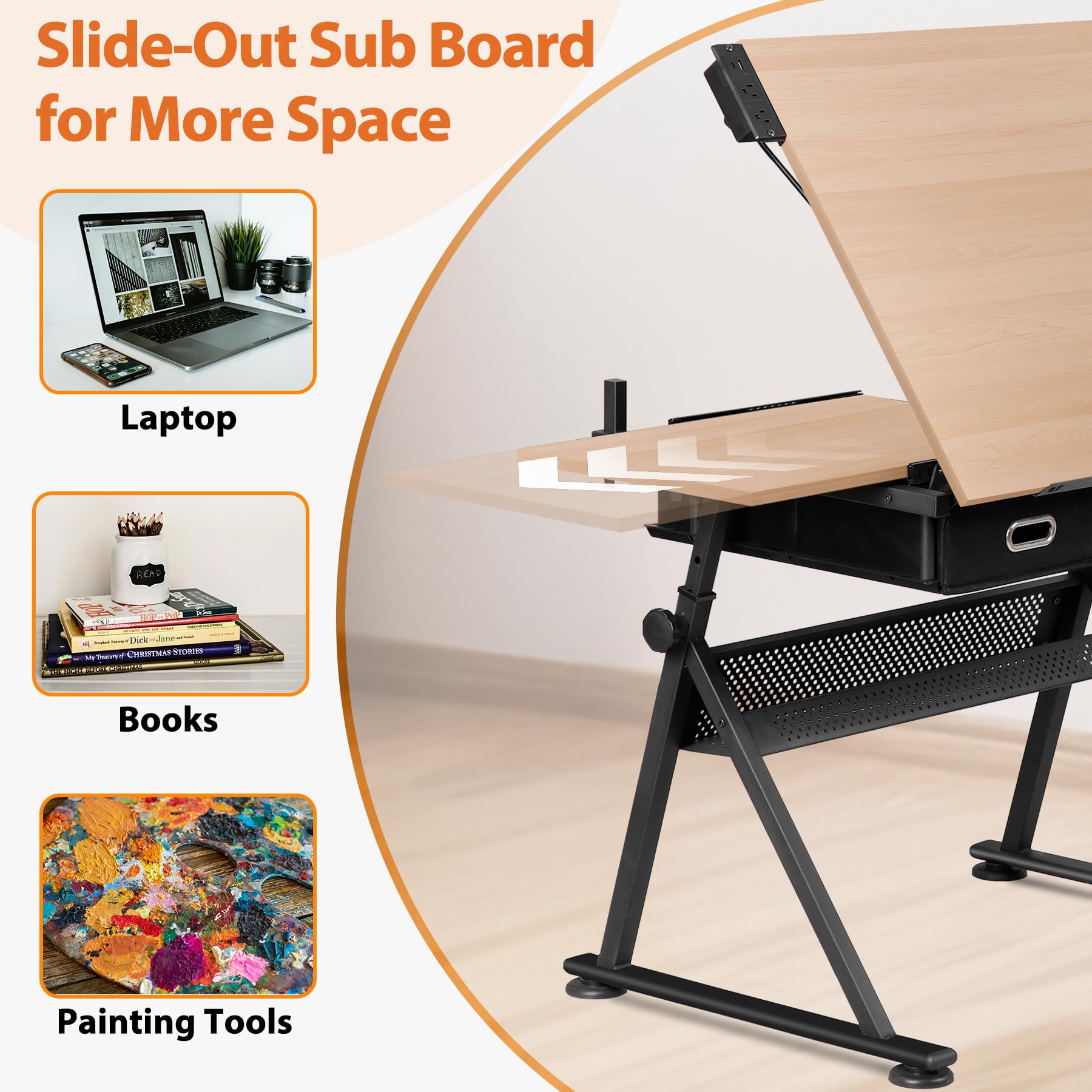 Adjustable Drafting Table Set with Power Outlet & Tilting Drawing Desk - Multifunctional Artist Workstation with Stool & 2 Storage Drawers for Home Office, School | Perfect for Sketching, Crafting & Architectural Design