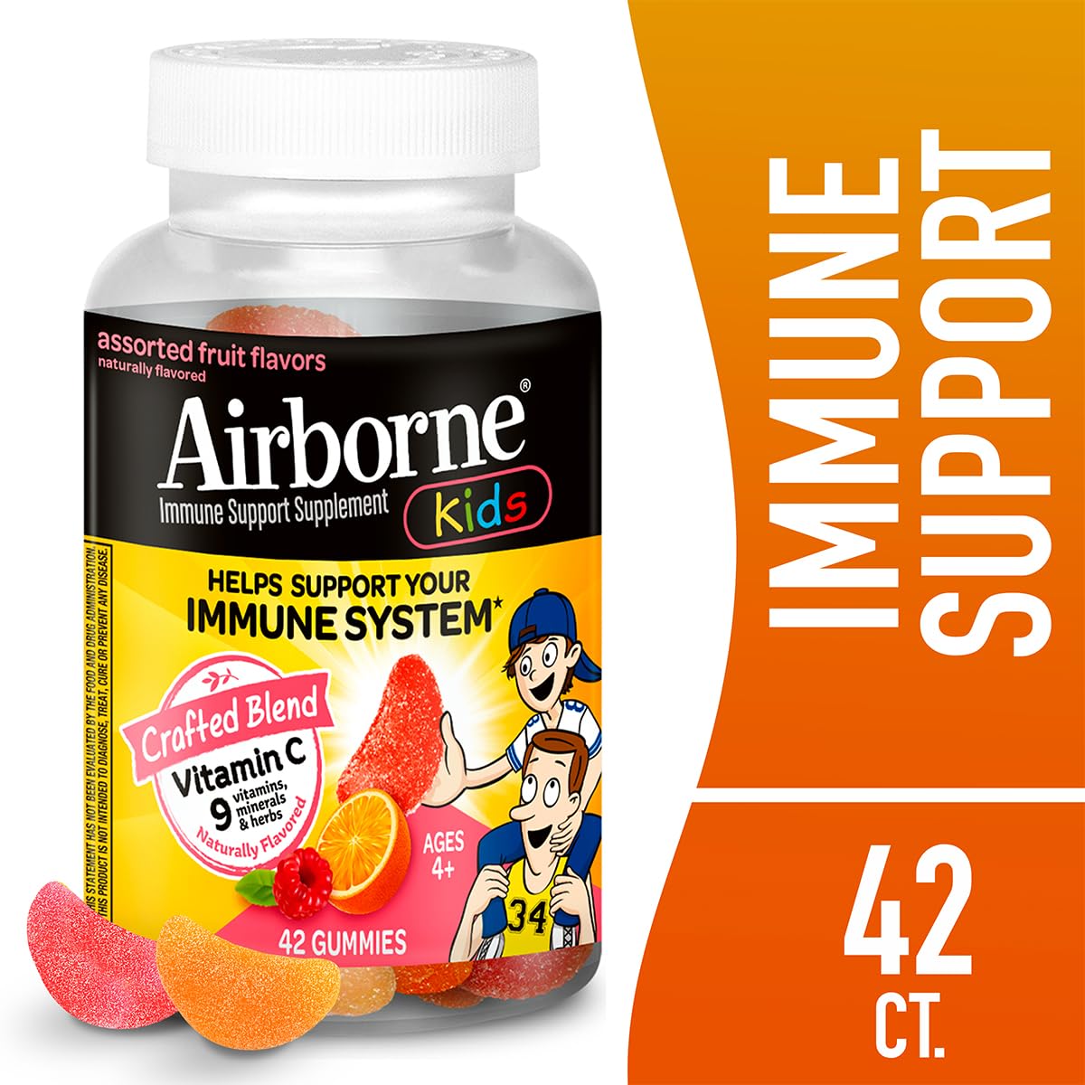 Airborne 500mg Vitamin C + Zinc Immune Support Gummies for Kids - Gluten Free, Antioxidant Rich with Vitamins C & E, Assorted Fruit Flavors (6 Pack, 42 Gummies) | Boosts Immunity During Cold & Flu Season, School & Travel